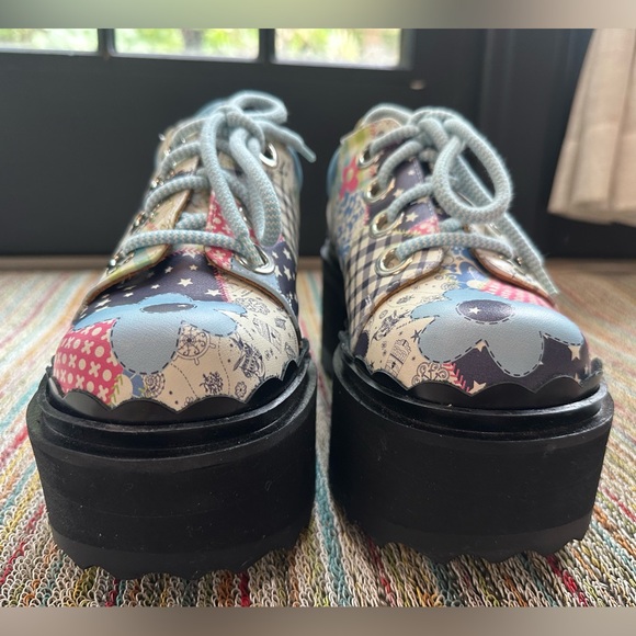 Fluevog NEW WO BOX Skyhigh F Fizzy blue/flowery leather platform lace-up shoe 10 - Picture 7 of 16